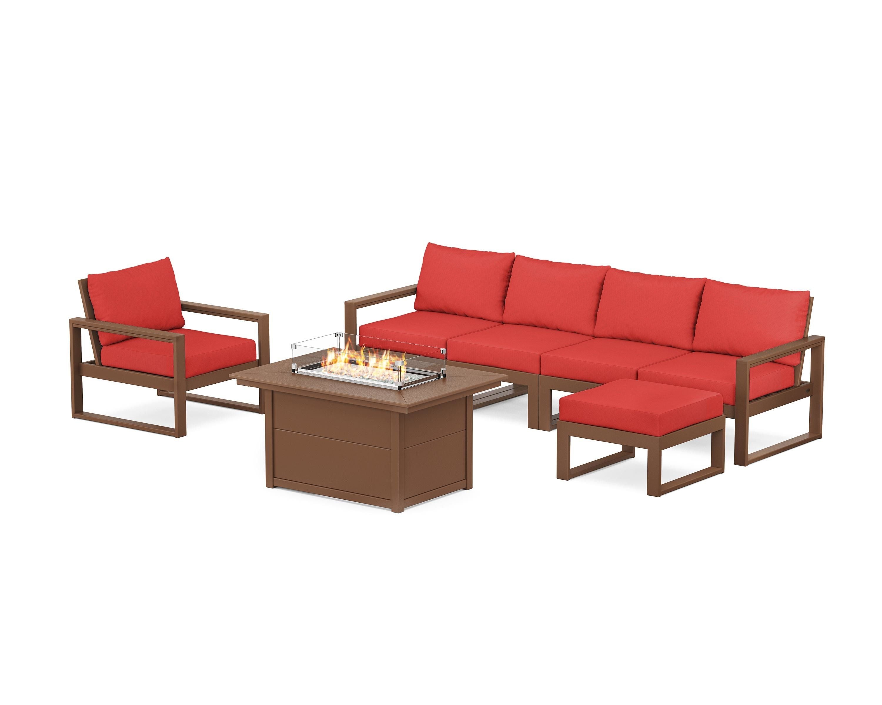 POLYWOOD® EDGE Sectional Lounge and Fire Pit Set in Teak / Crimson Linen