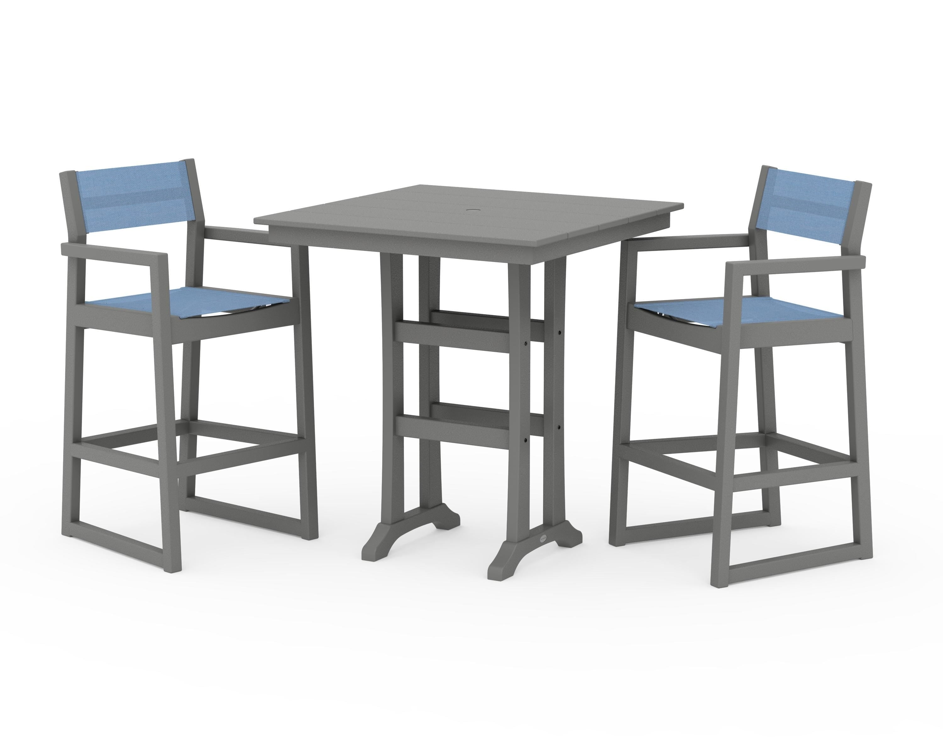 POLYWOOD® EDGE Sling Arm Chair 3-Piece Farmhouse Bar Set with Trestle Legs in Slate Grey / Poolside Sling