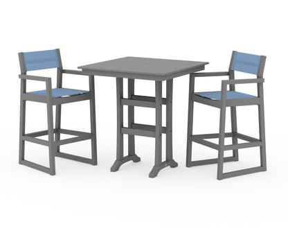 POLYWOOD® EDGE Sling Arm Chair 3-Piece Farmhouse Bar Set with Trestle Legs in Slate Grey / Poolside Sling