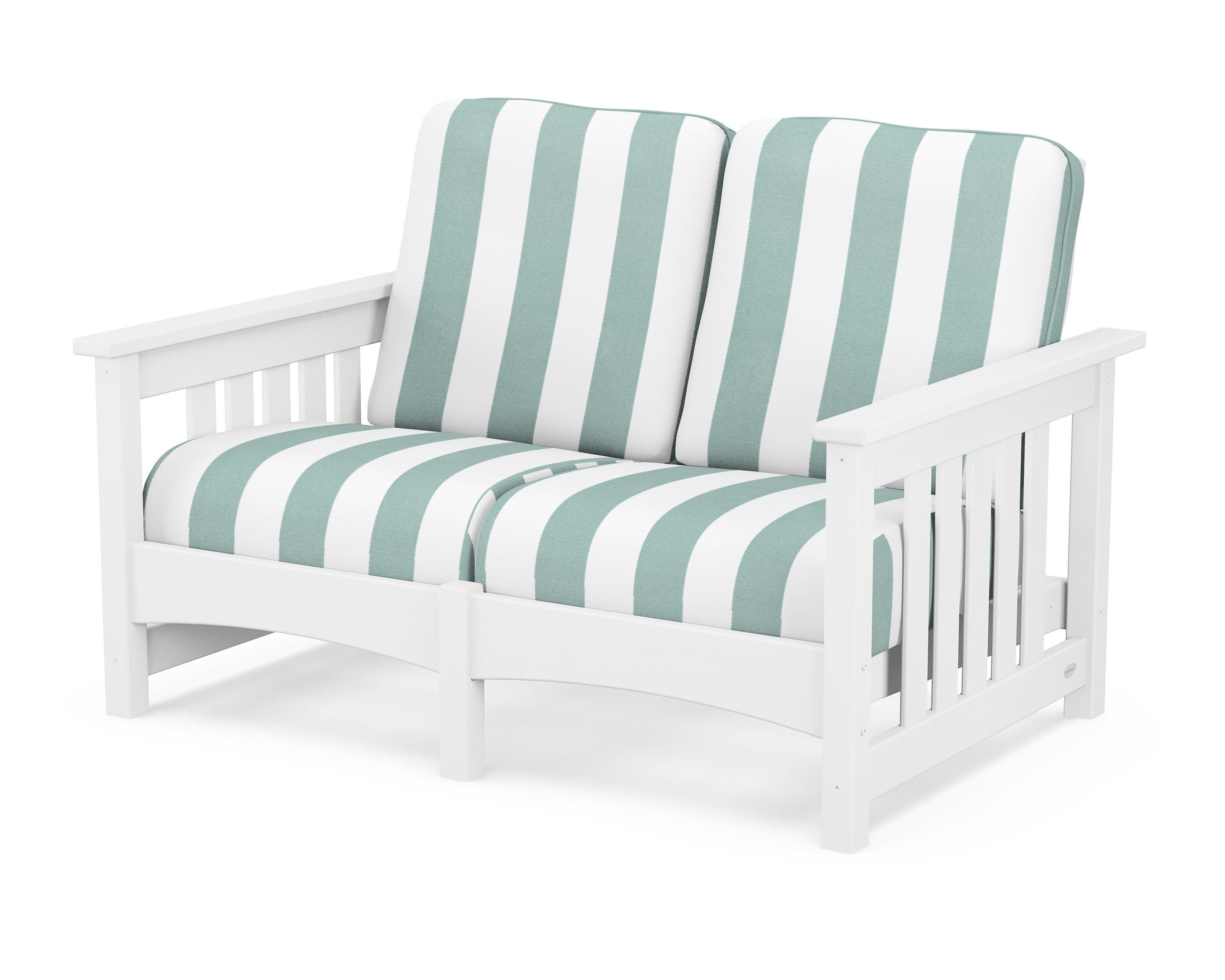 POLYWOOD® Club Mission Loveseat in White / Cabana Stripe Glacier Spa
