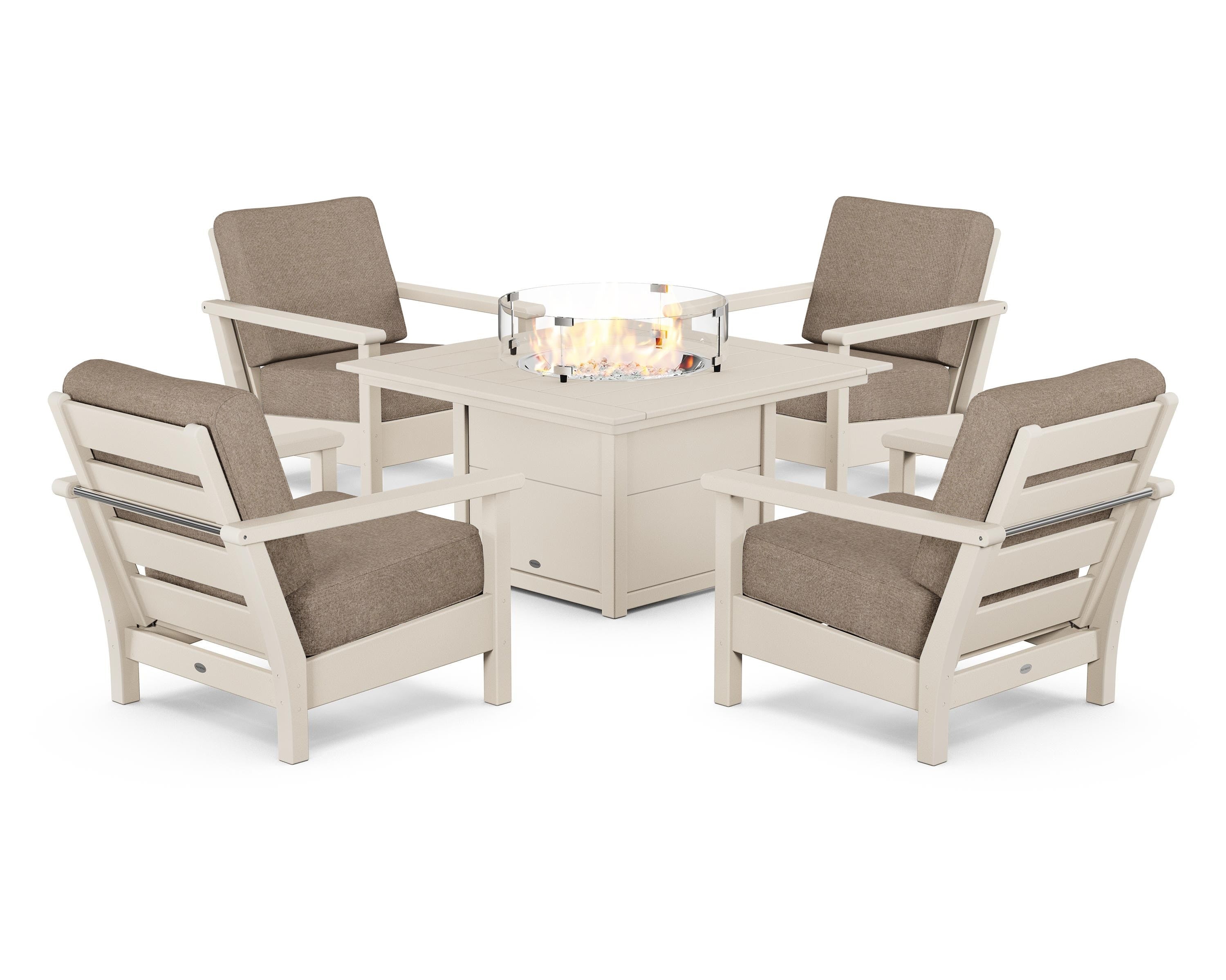 POLYWOOD® Harbour 5-Piece Conversation Set with Fire Pit Table in Sand / Spiced Burlap