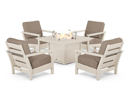 POLYWOOD® Harbour 5-Piece Conversation Set with Fire Pit Table in Sand / Spiced Burlap