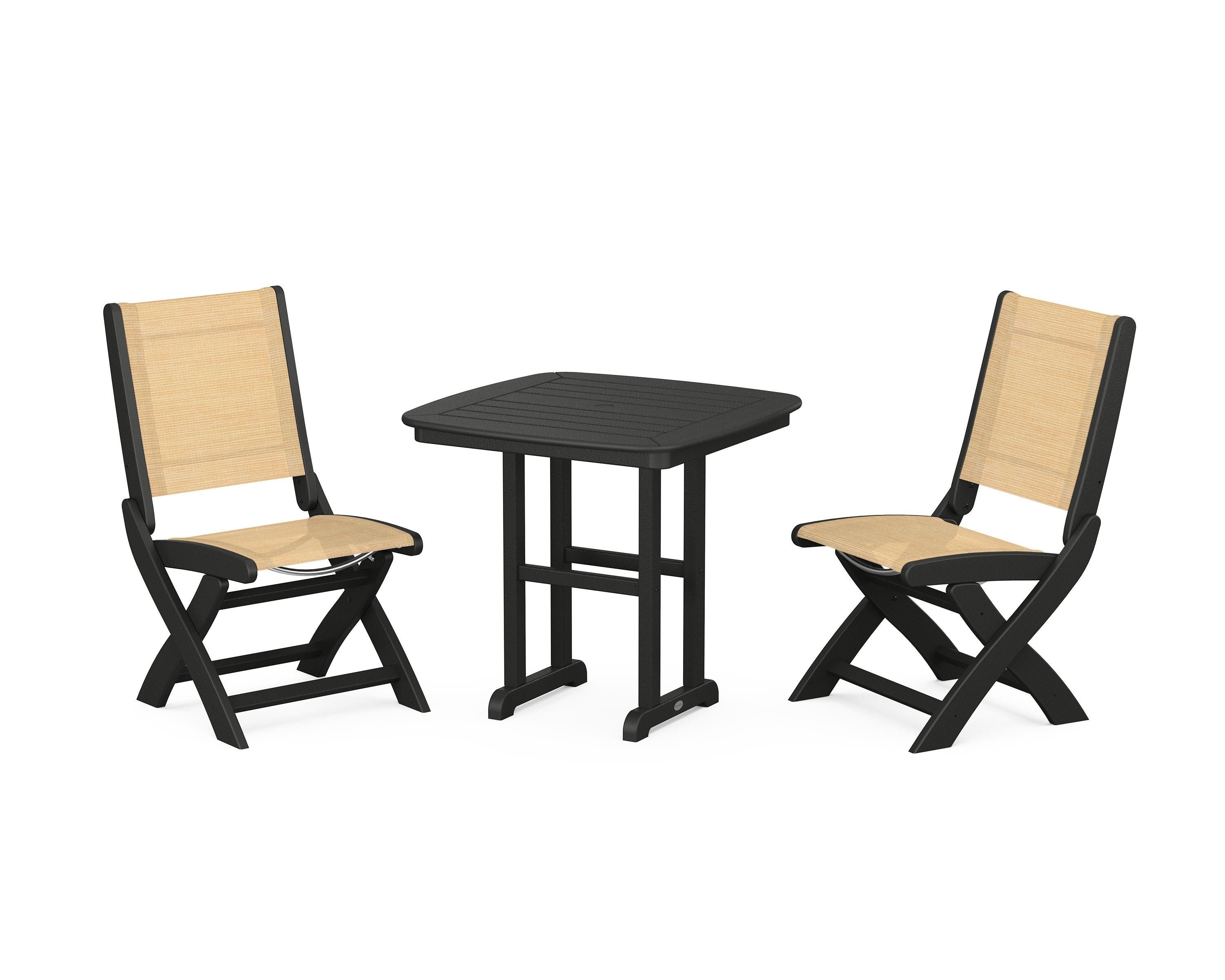 POLYWOOD® Coastal Folding Side Chair 3-Piece Dining Set in Black / Dupioni Apricot Sling