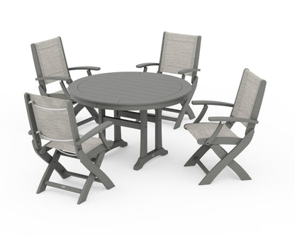 POLYWOOD® Coastal Folding Chair 5-Piece Round Dining Set with Trestle Legs in Slate Grey / Birch Sling
