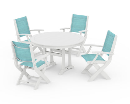 POLYWOOD® Coastal Folding Chair 5-Piece Round Dining Set with Trestle Legs in White / Dupioni Aquamarine Sling