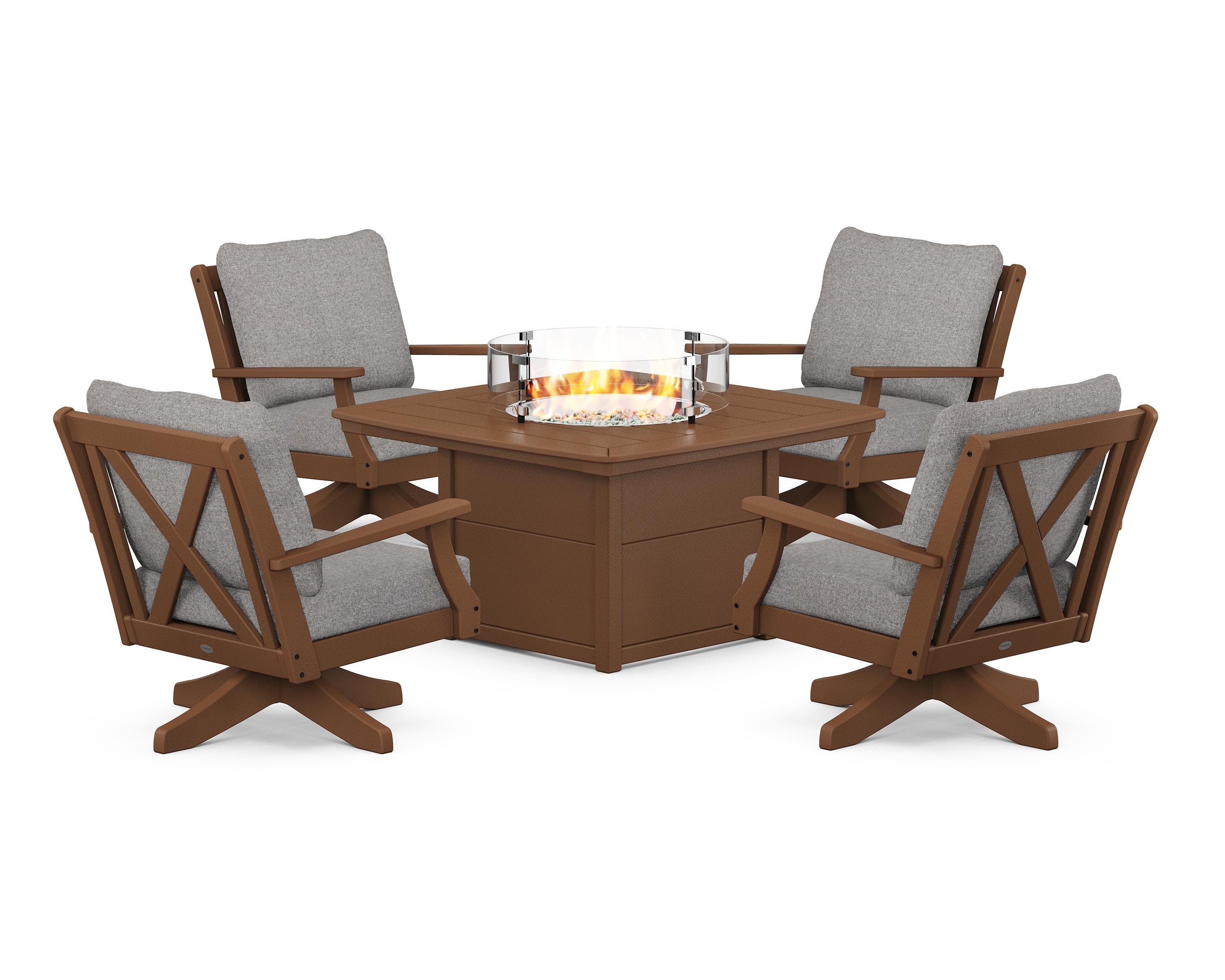POLYWOOD® Braxton 5-Piece Deep Seating Swivel Conversation Set with Fire Pit Table in Teak / Grey Mist