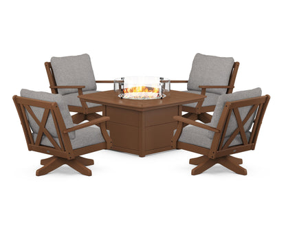 POLYWOOD® Braxton 5-Piece Deep Seating Swivel Conversation Set with Fire Pit Table in Teak / Grey Mist