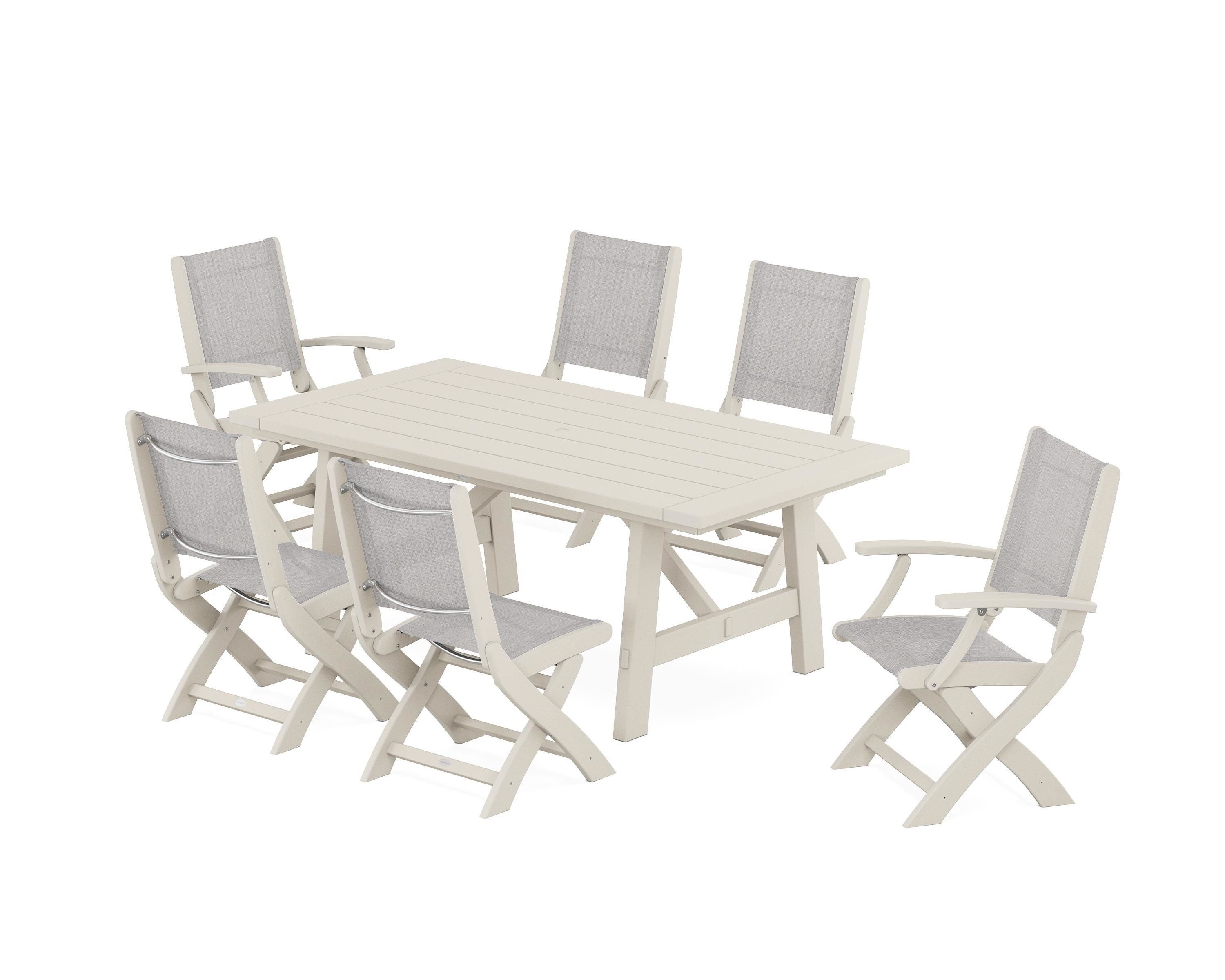 POLYWOOD® Coastal Folding Chair 7-Piece Rustic Farmhouse Dining Set in Sand / Parchment Sling