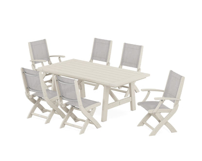 POLYWOOD® Coastal Folding Chair 7-Piece Rustic Farmhouse Dining Set in Sand / Parchment Sling