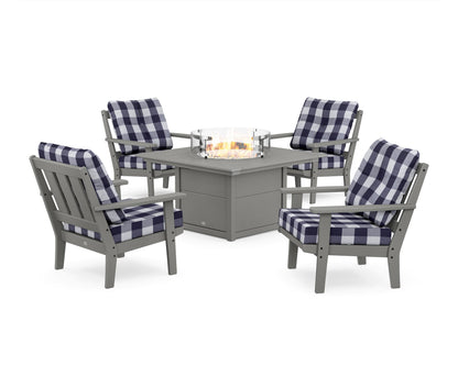 POLYWOOD® Oxford 5-Piece Deep Seating Set with Fire Pit Table in Slate Grey / Buffalo Plaid Navy