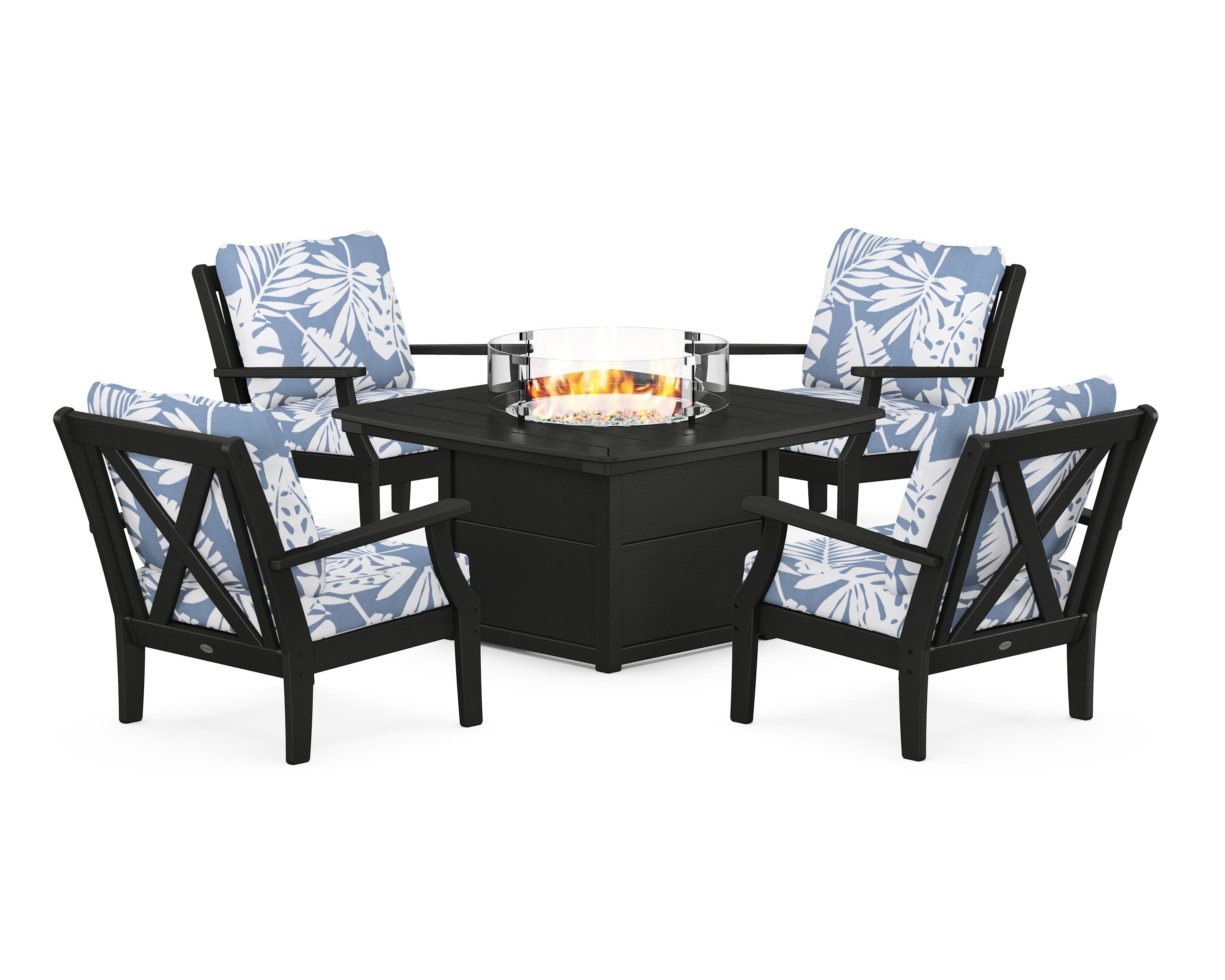 POLYWOOD® Braxton 5-Piece Deep Seating Conversation Set with Fire Pit Table in Black / Leaf Sky Blue
