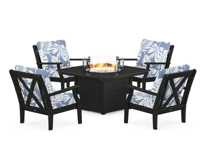 POLYWOOD® Braxton 5-Piece Deep Seating Conversation Set with Fire Pit Table in Black / Leaf Sky Blue