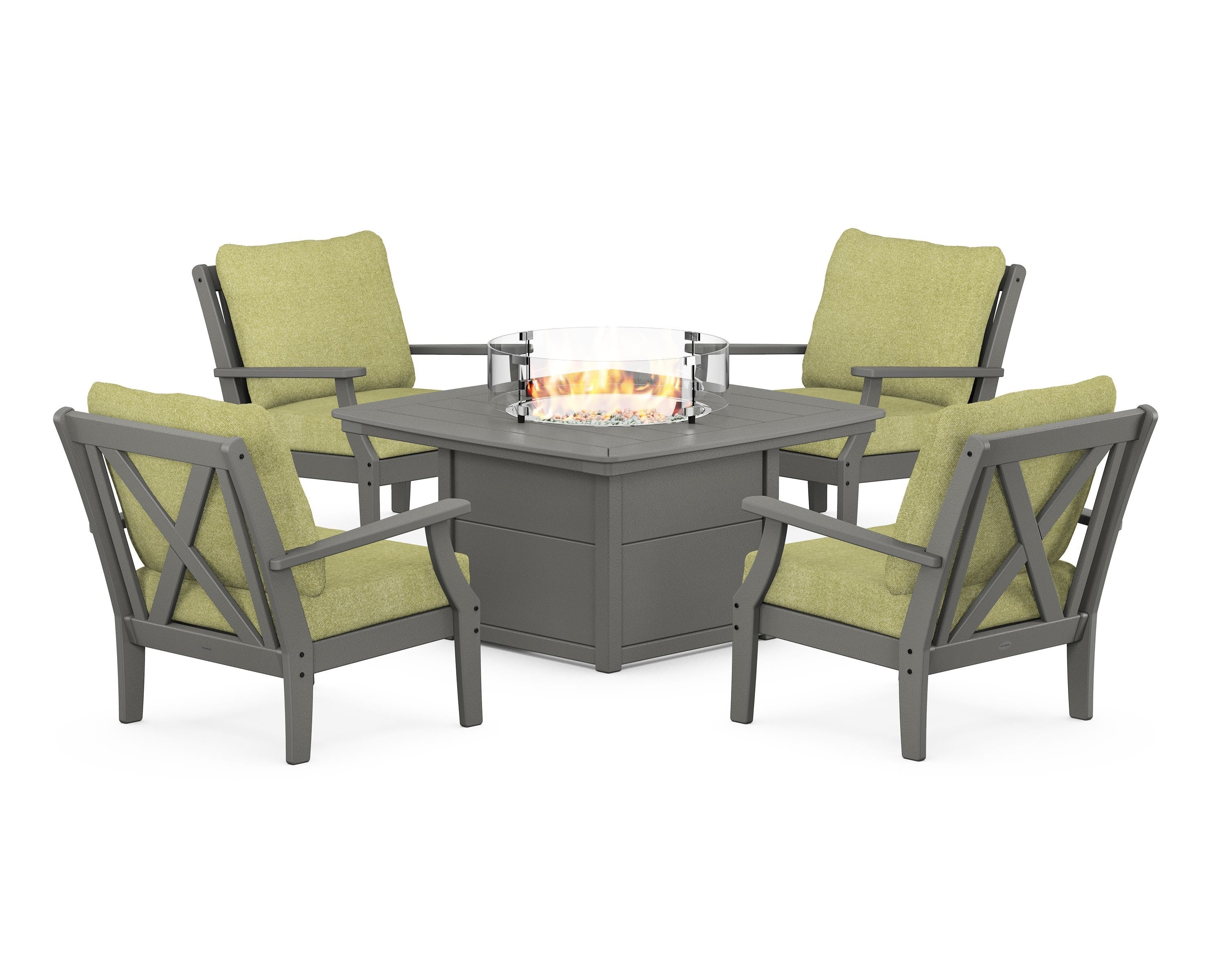POLYWOOD® Braxton 5-Piece Deep Seating Conversation Set with Fire Pit Table in Slate Grey / Chartreuse Boucle