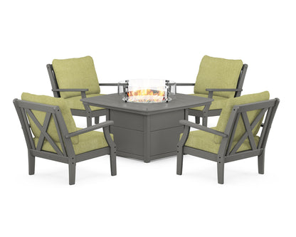 POLYWOOD® Braxton 5-Piece Deep Seating Conversation Set with Fire Pit Table in Slate Grey / Chartreuse Boucle