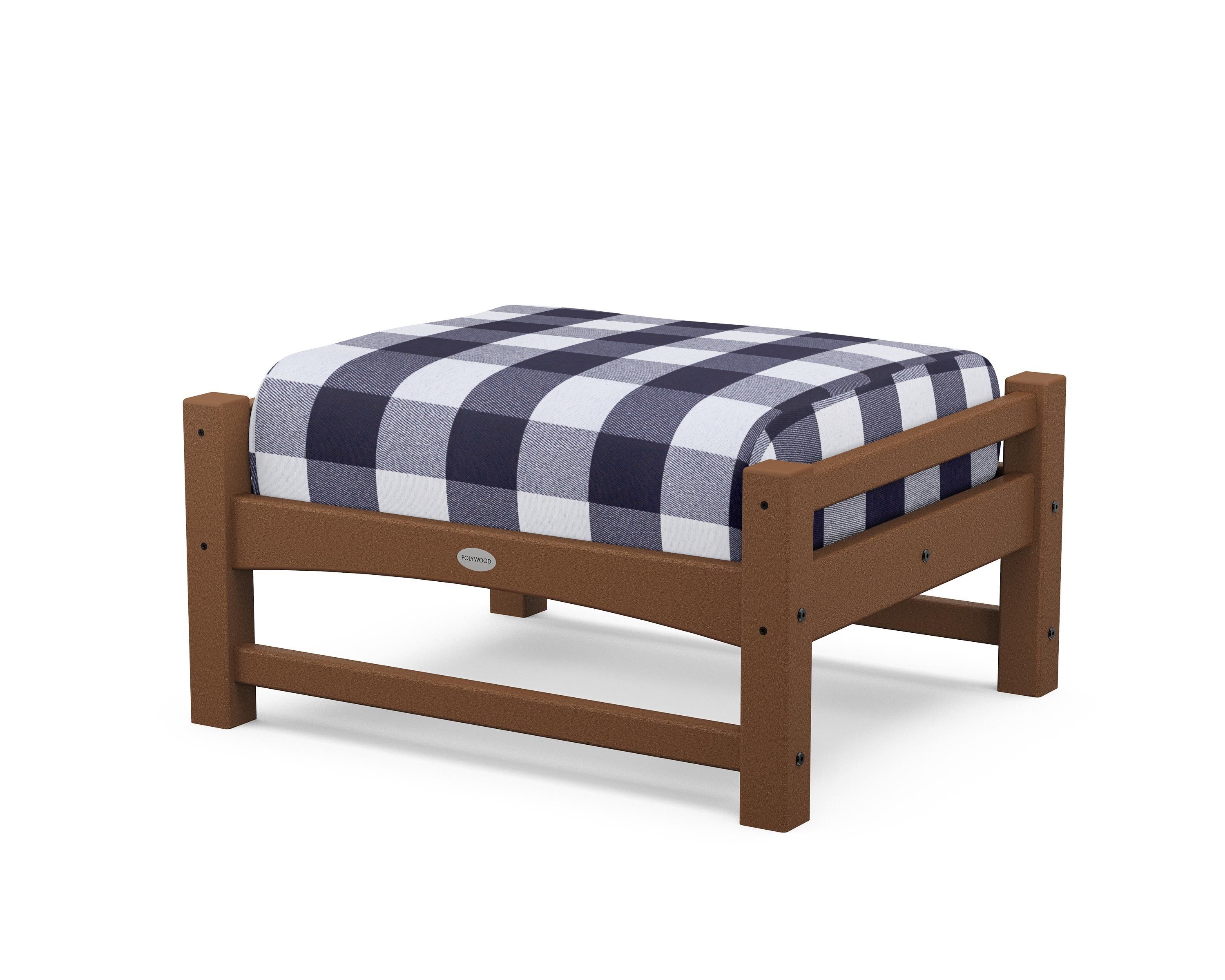 POLYWOOD® Club Ottoman in Teak / Buffalo Plaid Navy