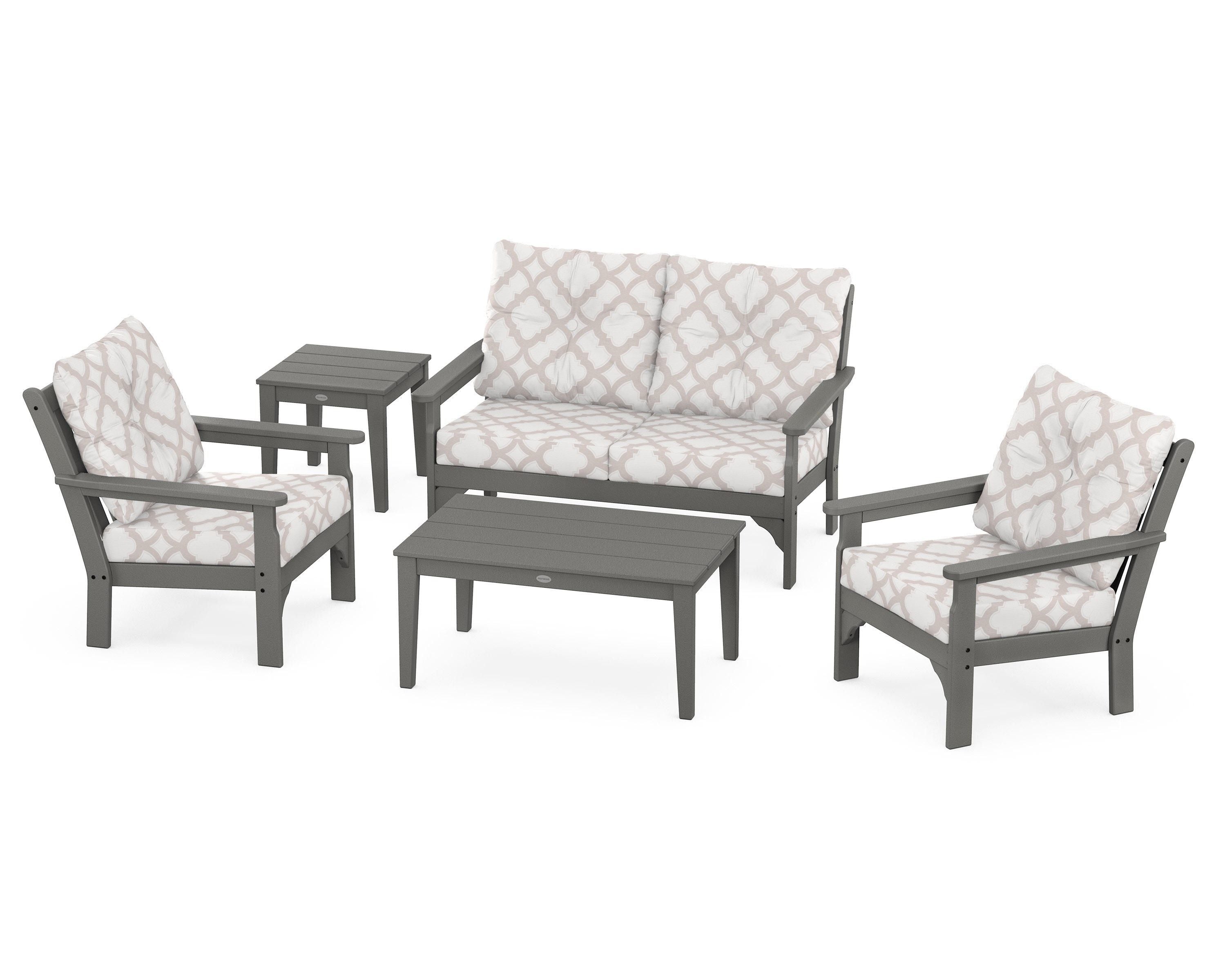 POLYWOOD® Vineyard 5-Piece Deep Seating Set in Slate Grey / Trellis Dune Burlap