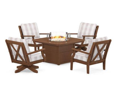 POLYWOOD® Braxton 5-Piece Deep Seating Set with Fire Table in Teak / Buffalo Plaid Dune Burlap