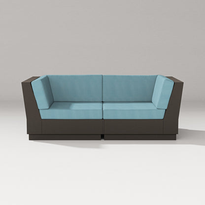 PW Designer Series Elevate Loveseat Sectional in Vintage Coffee / Lattice Sky Blue