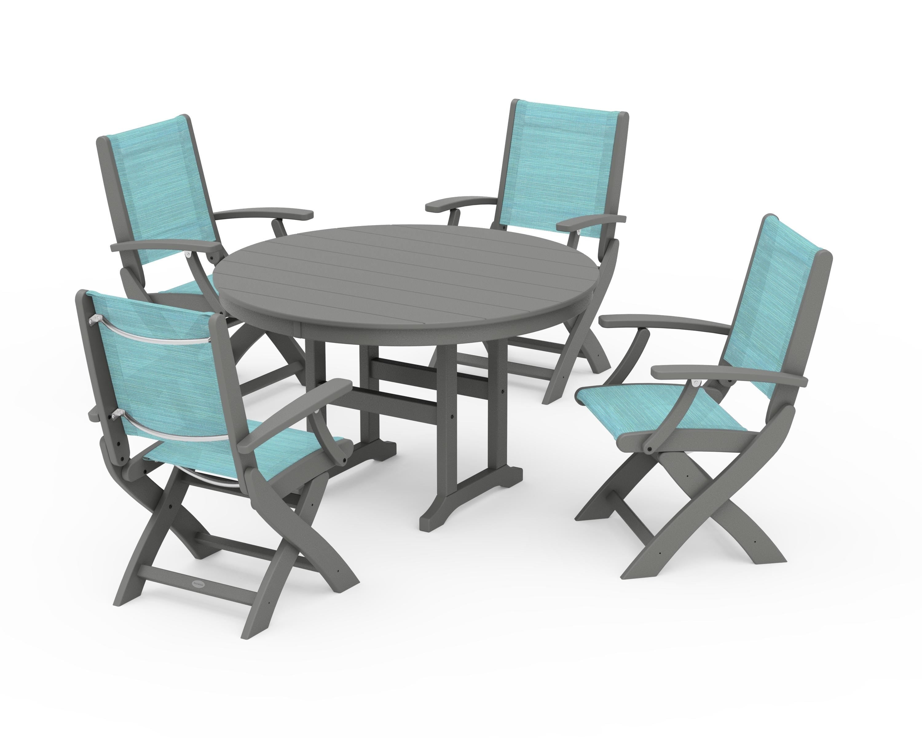 POLYWOOD® Coastal Folding Chair 5-Piece Round Dining Set in Slate Grey / Dupioni Aquamarine Sling