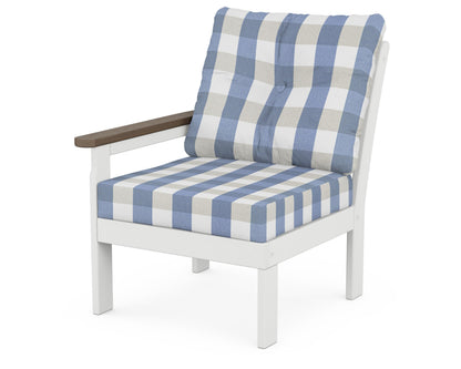 POLYWOOD® Vineyard Modular Left Arm Chair in White / Kona / Buffalo Plaid Sky Blue