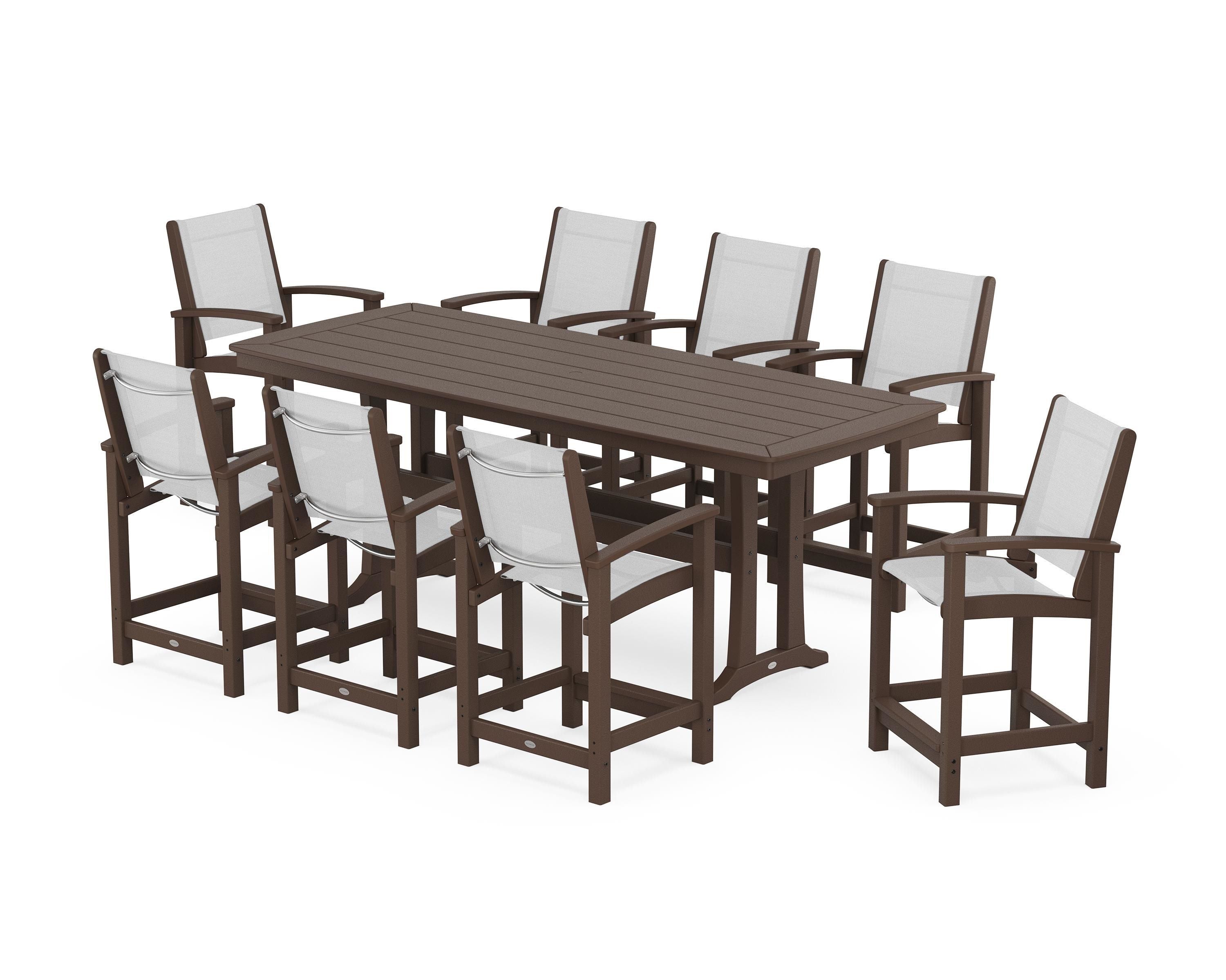 POLYWOOD® Coastal 9-Piece Counter Set with Trestle Legs in Mahogany / White Sling