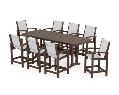 POLYWOOD® Coastal 9-Piece Counter Set with Trestle Legs in Mahogany / White Sling