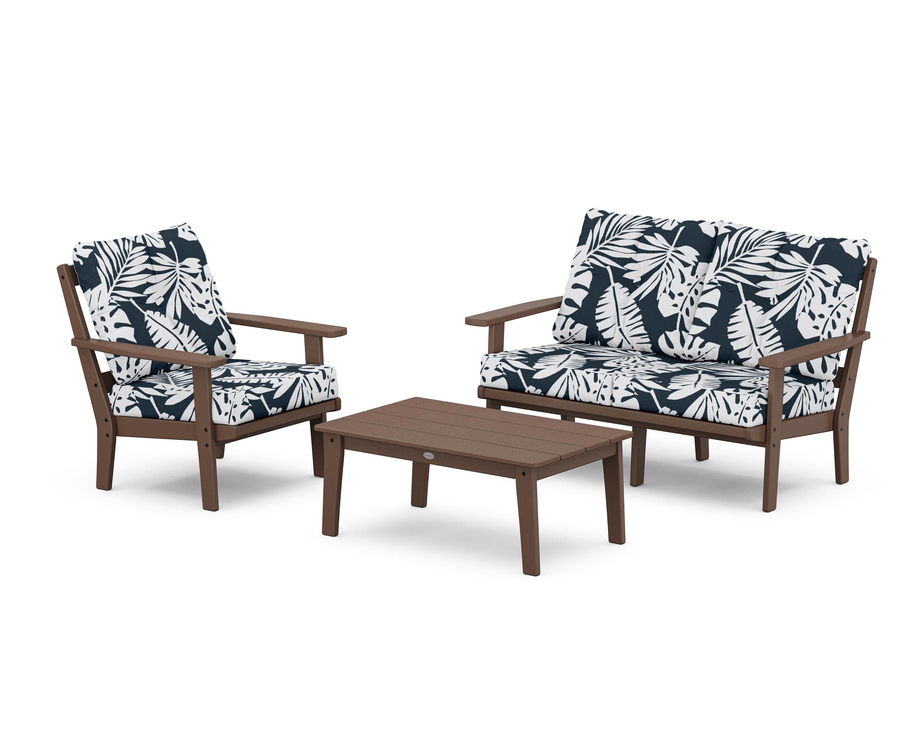 POLYWOOD® Prairie 3-Piece Deep Seating Set with Loveseat in Mahogany / Leaf Marine Indigo