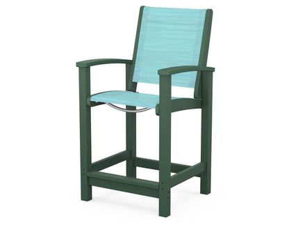 POLYWOOD® Coastal Counter Chair in Green / Dupioni Aquamarine Sling