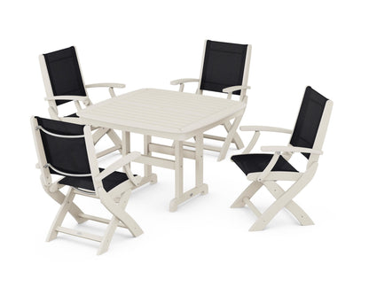 POLYWOOD® Coastal Folding Chair 5-Piece Dining Set in Sand / Black Sling