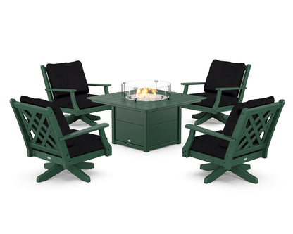 Country Living Wovendale 5-Piece Deep Seating Swivel Conversation Set with Fire Pit Table in Green / Midnight Linen
