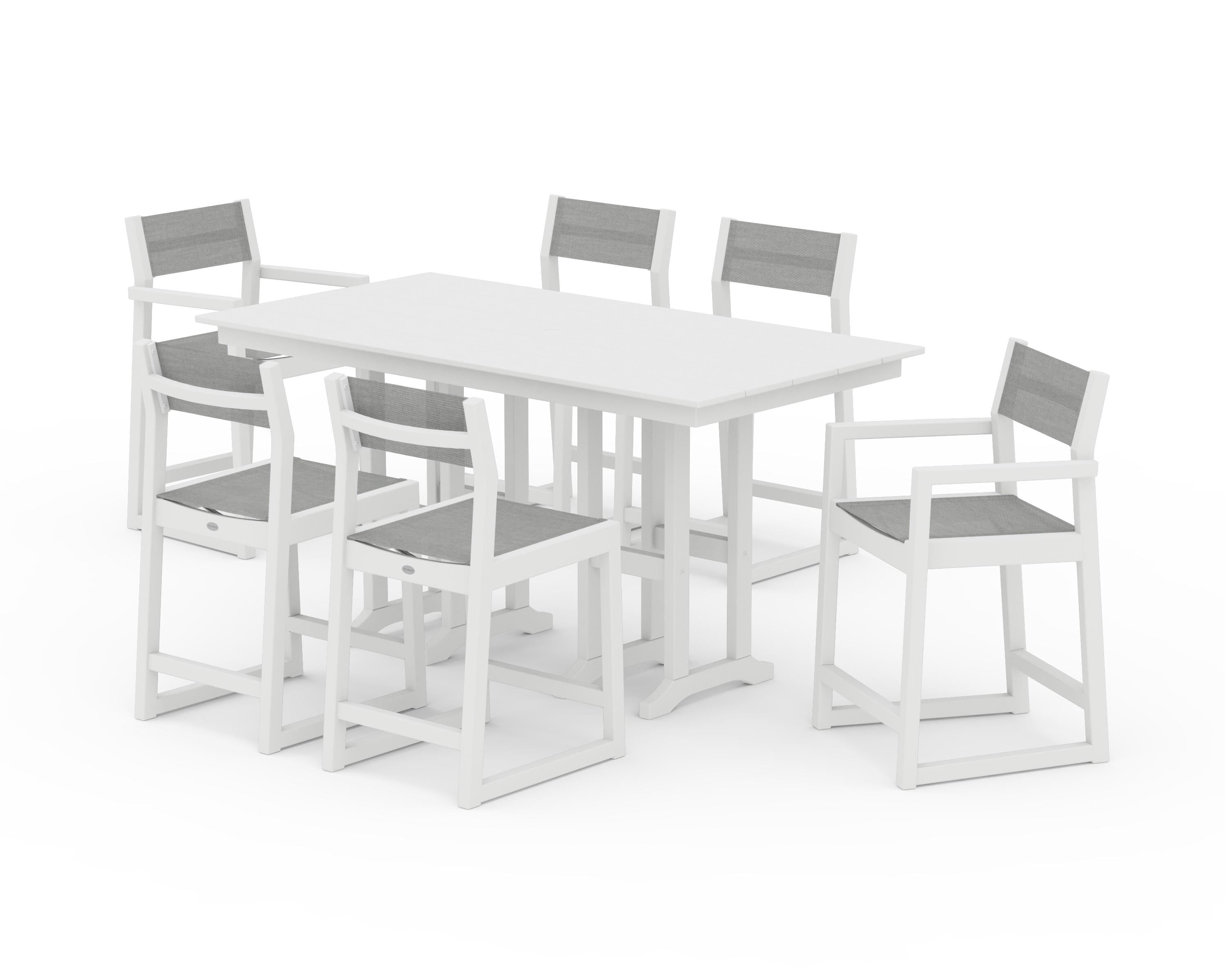 POLYWOOD® EDGE Sling 7-Piece Farmhouse Counter Set in White / Metallic Sling