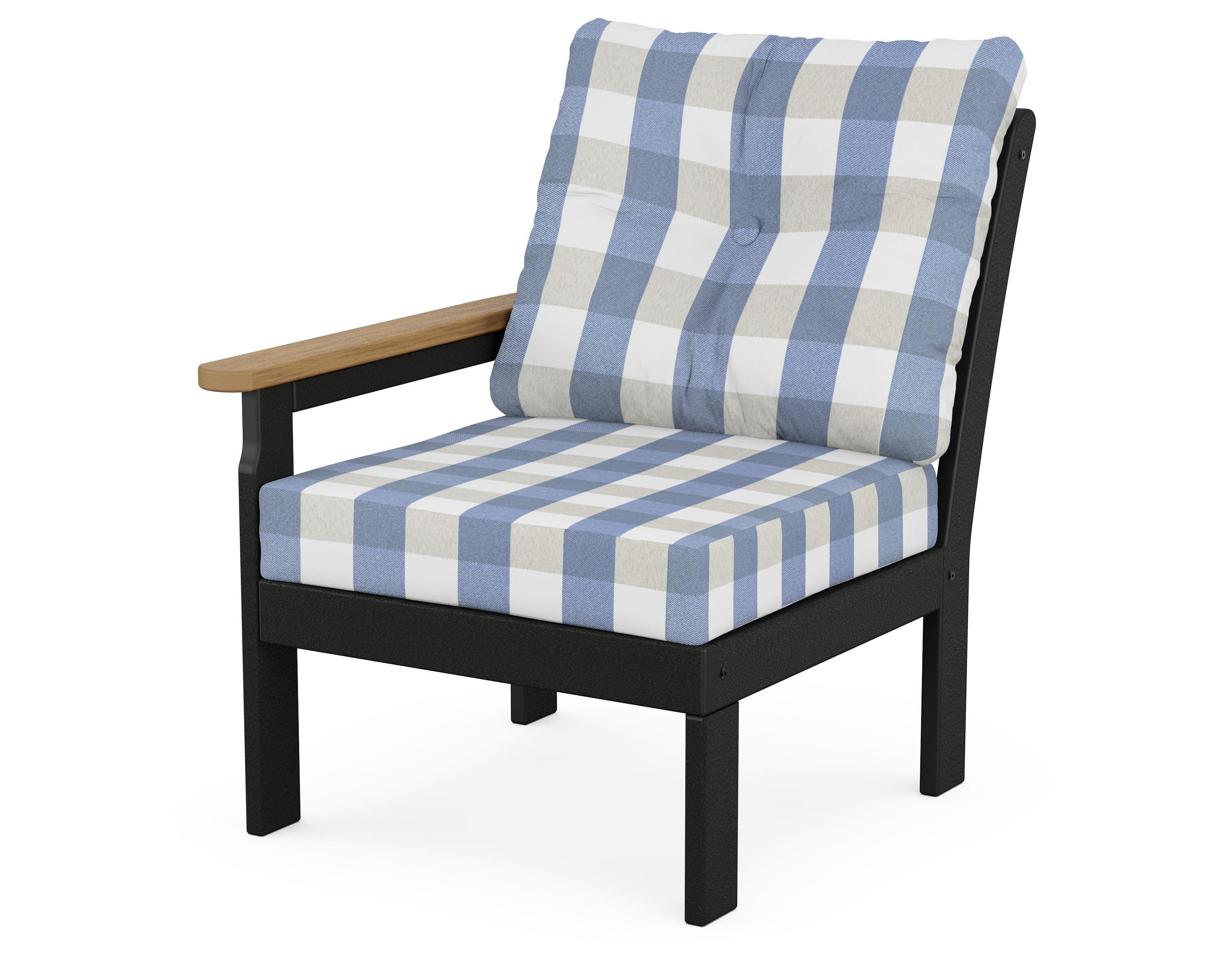 POLYWOOD® Vineyard Modular Left Arm Chair in Black / Natural / Buffalo Plaid Sky Blue