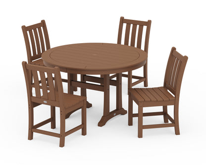 POLYWOOD® Traditional Garden Side Chair 5-Piece Round Dining Set With Trestle Legs in Teak