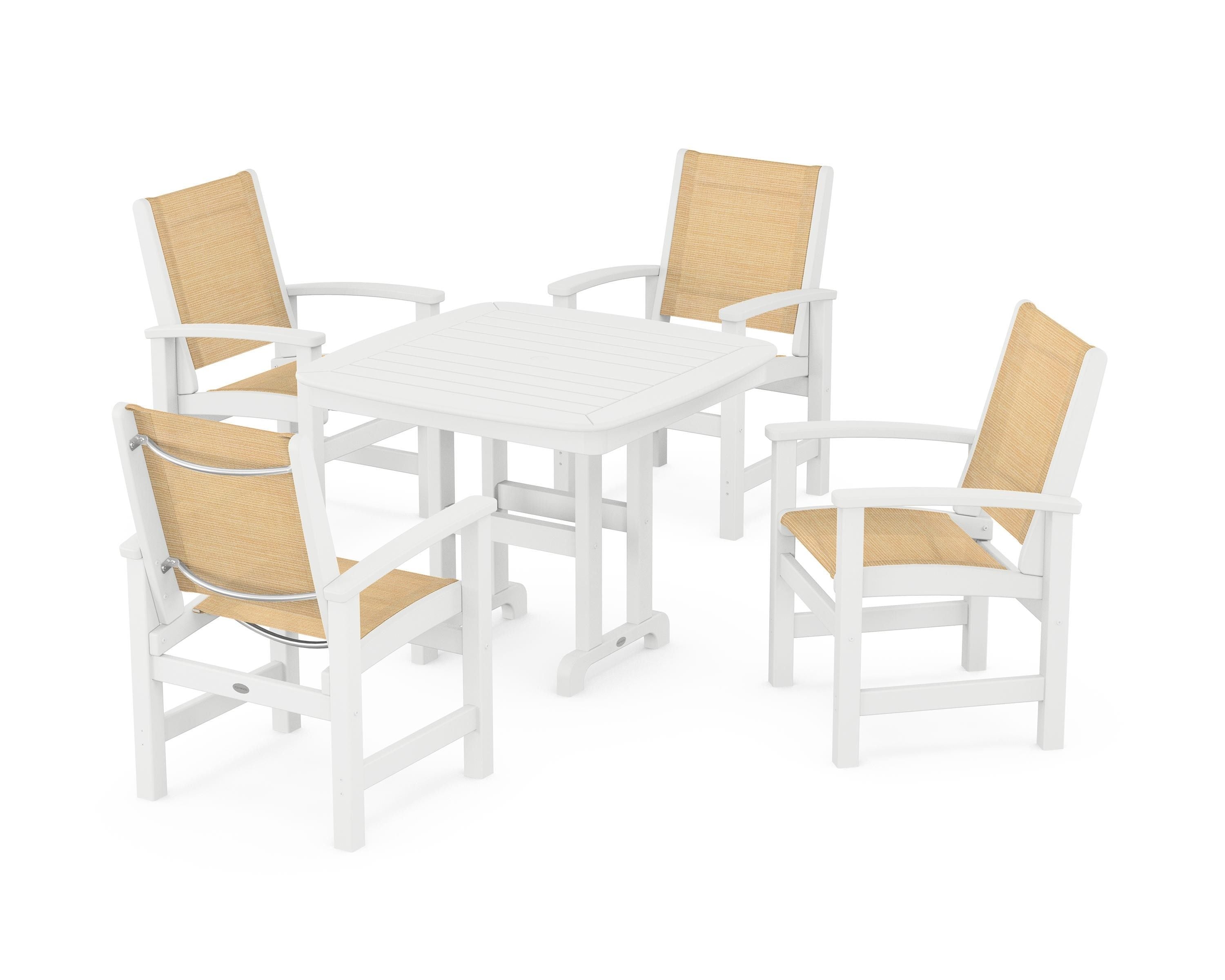POLYWOOD® Coastal 5-Piece Dining Set in White / Dupioni Apricot Sling