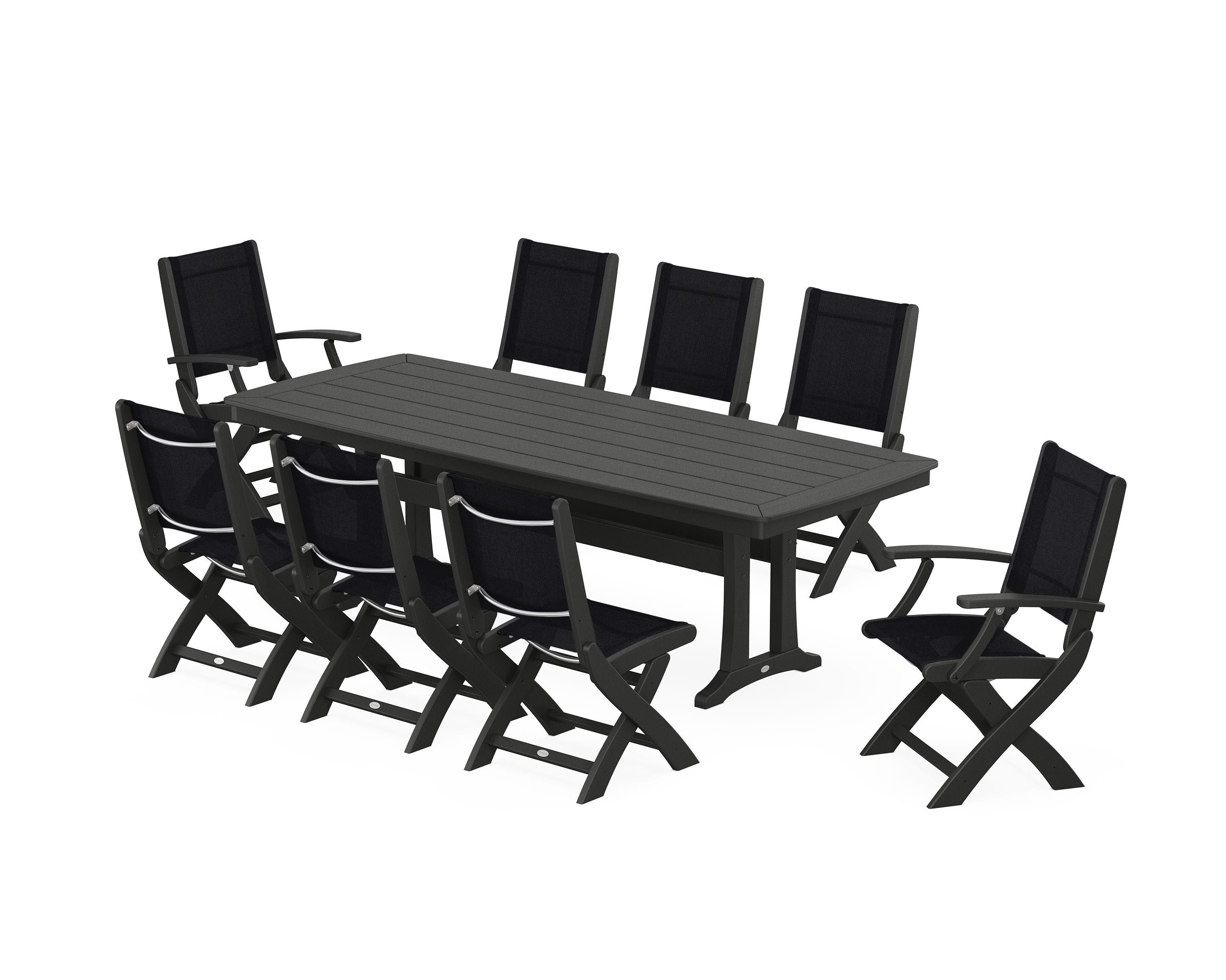 POLYWOOD® Coastal Folding 9-Piece Dining Set with Trestle Legs in Black / Black Sling