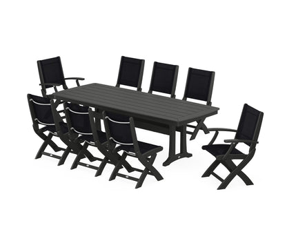POLYWOOD® Coastal Folding 9-Piece Dining Set with Trestle Legs in Black / Black Sling