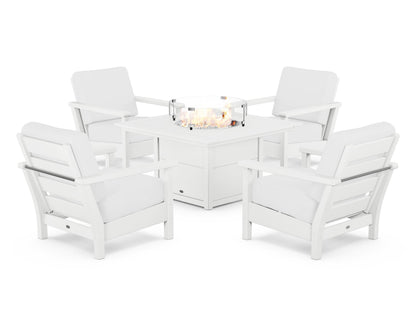 POLYWOOD® Harbour 5-Piece Conversation Set with Fire Pit Table in White / Natural