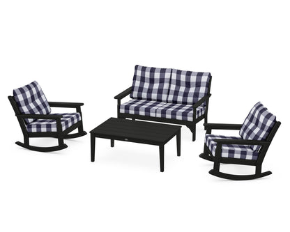 POLYWOOD® Vineyard 4-Piece Deep Seating Rocking Chair Set in Black / Buffalo Plaid Navy