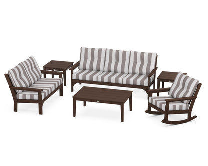 POLYWOOD® Vineyard 6-Piece Deep Seating Set in Mahogany / Cabana Stripe Grey Mist