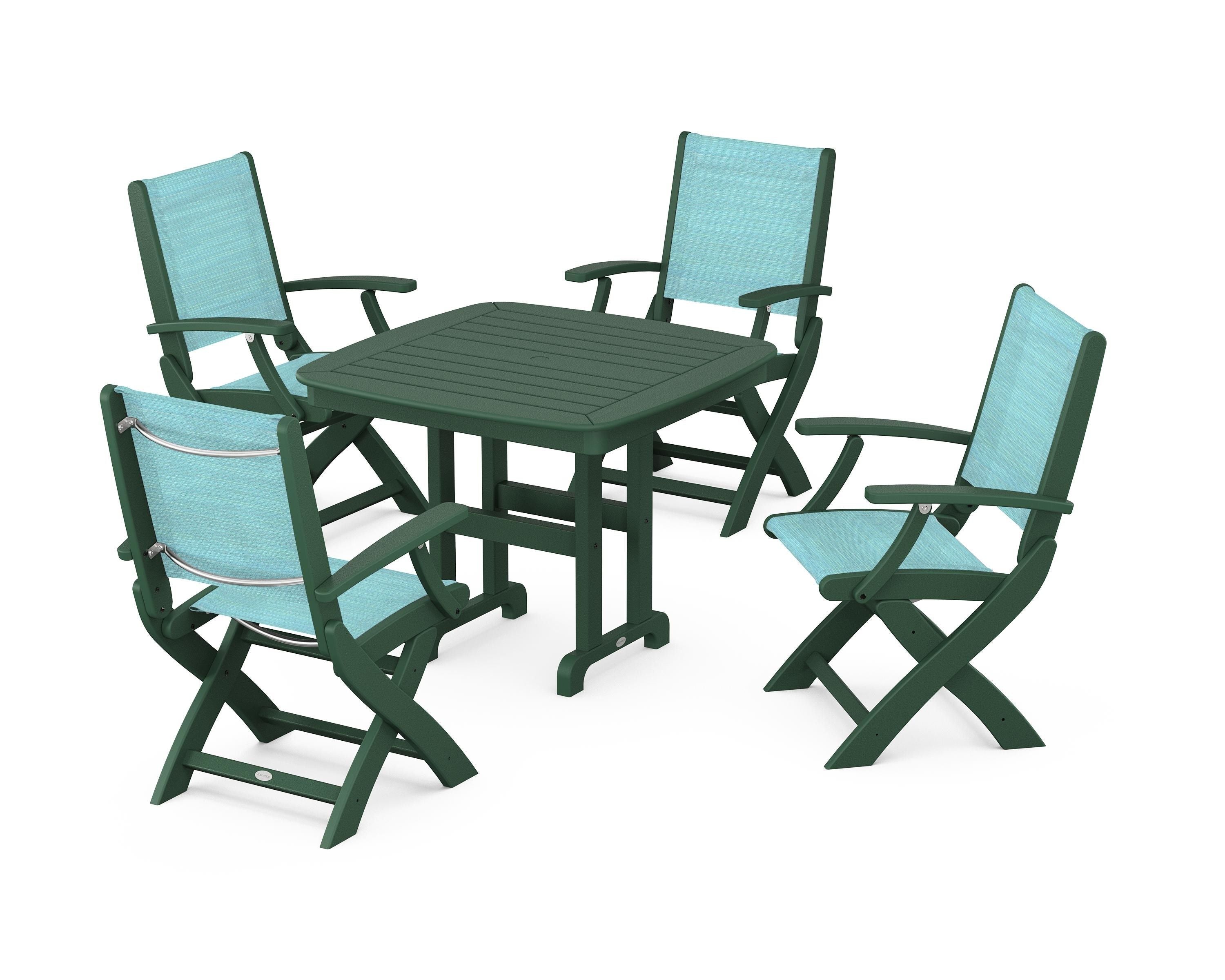 POLYWOOD® Coastal Folding Chair 5-Piece Dining Set in Green / Dupioni Aquamarine Sling
