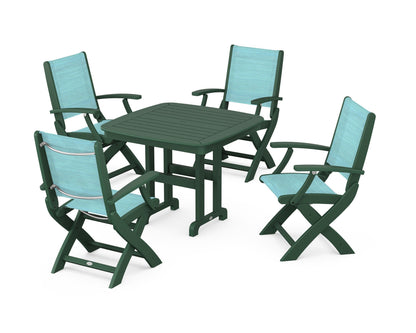 POLYWOOD® Coastal Folding Chair 5-Piece Dining Set in Green / Dupioni Aquamarine Sling