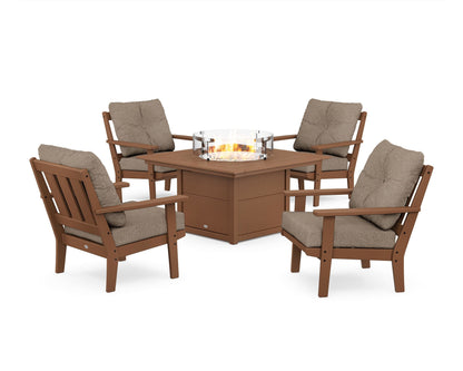 POLYWOOD® Oxford 5-Piece Deep Seating Set with Fire Pit Table in Teak / Spiced Burlap