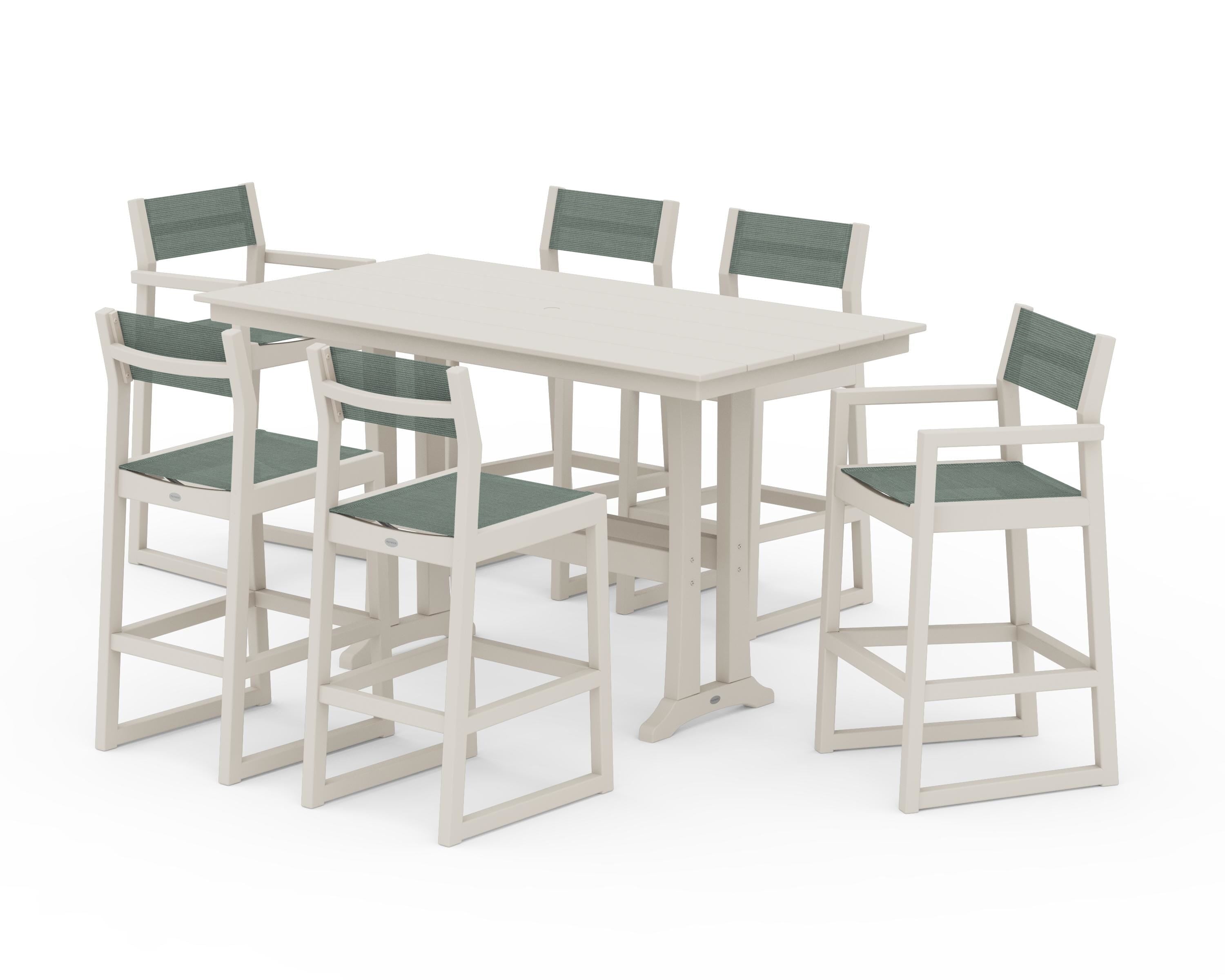 POLYWOOD® EDGE Sling 7-Piece Farmhouse Bar Set with Trestle Legs in Sand / Dupioni Sea Mist Sling