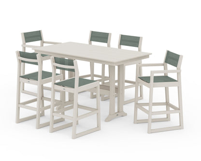 POLYWOOD® EDGE Sling 7-Piece Farmhouse Bar Set with Trestle Legs in Sand / Dupioni Sea Mist Sling