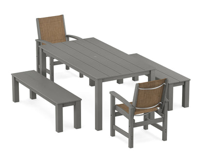 POLYWOOD® Coastal 5-Piece Parsons Dining Set with Benches in Slate Grey / Burlap Sling