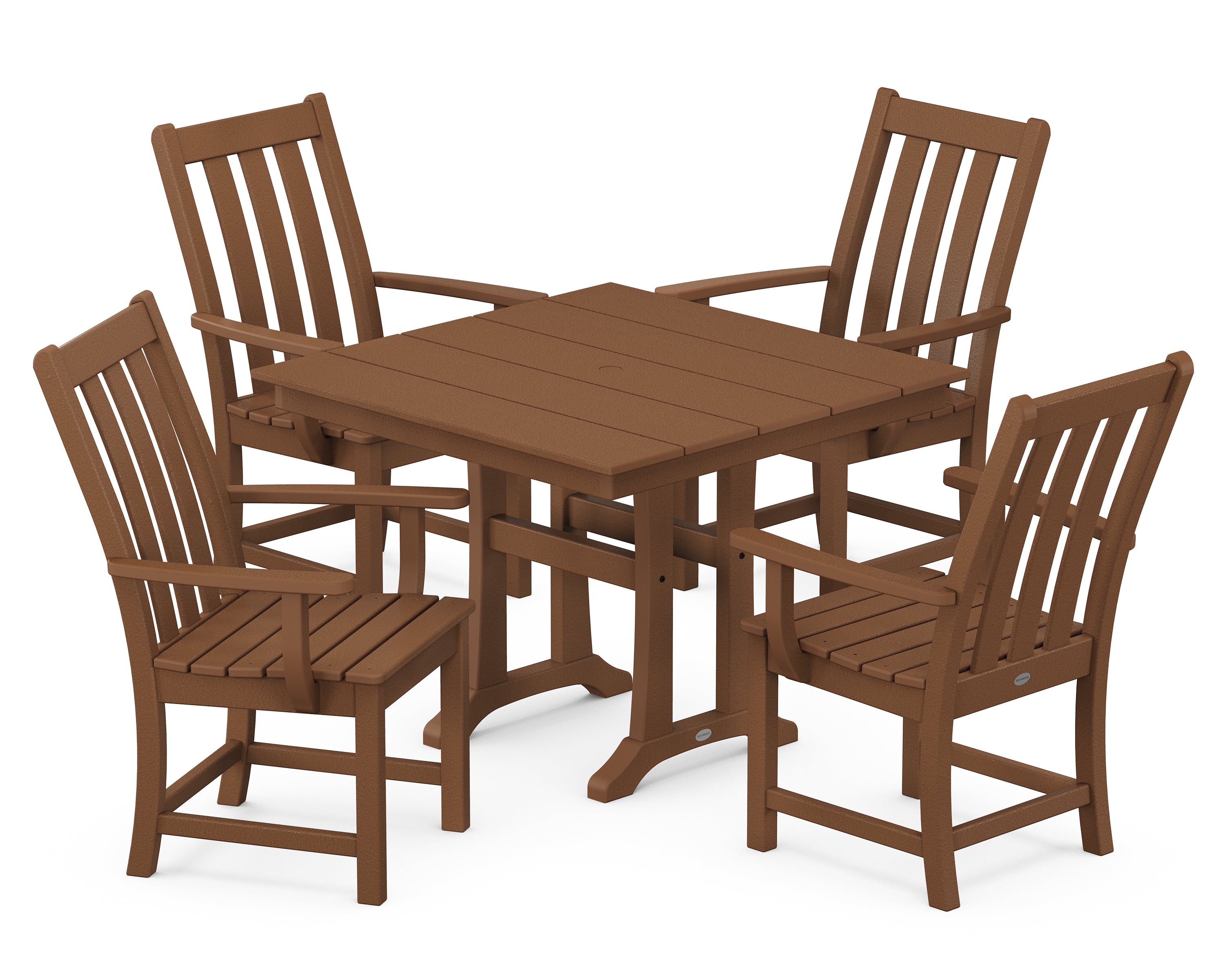 POLYWOOD® Vineyard 5-Piece Farmhouse Trestle Arm Chair Dining Set in Teak