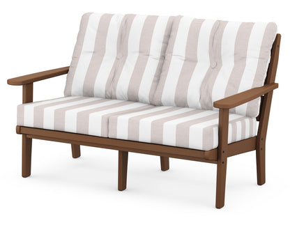 POLYWOOD® Lakeside Deep Seating Loveseat in Teak / Cabana Stripe Dune Burlap