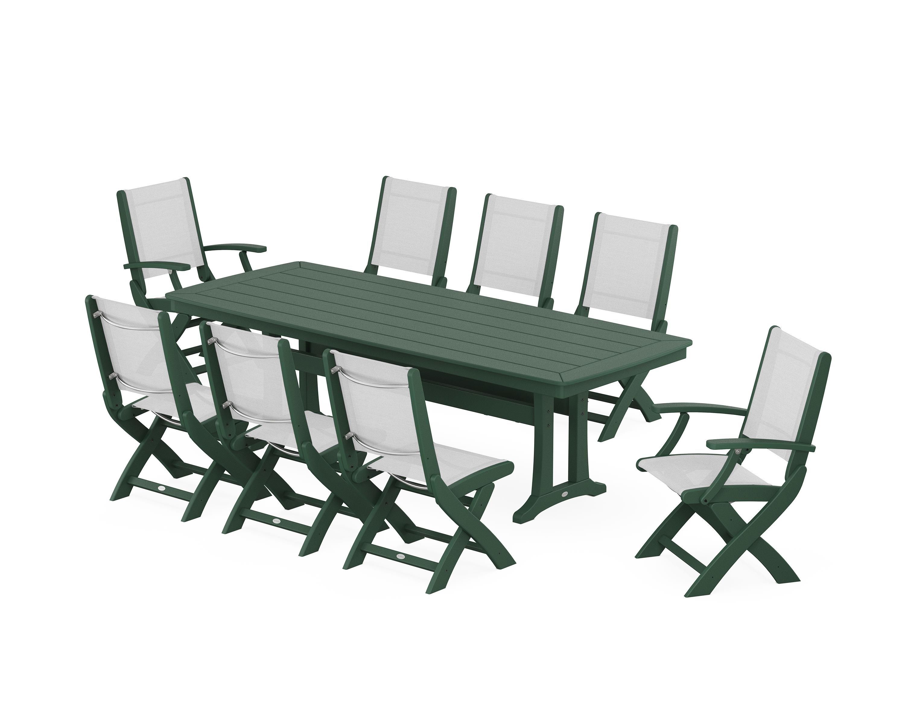 POLYWOOD® Coastal Folding 9-Piece Dining Set with Trestle Legs in Green / White Sling