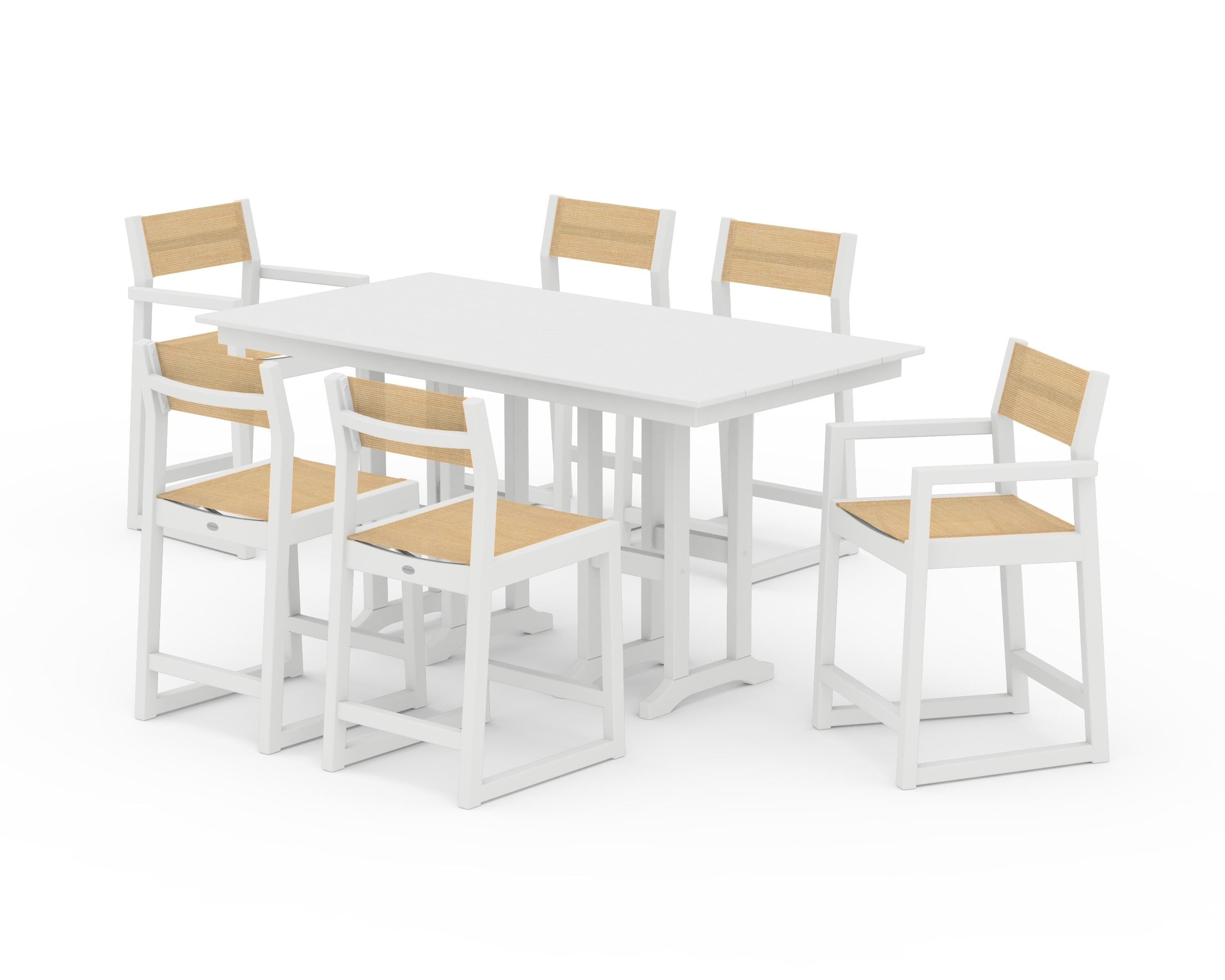POLYWOOD® EDGE Sling 7-Piece Farmhouse Counter Set with Trestle Legs in White / Dupioni Apricot Sling