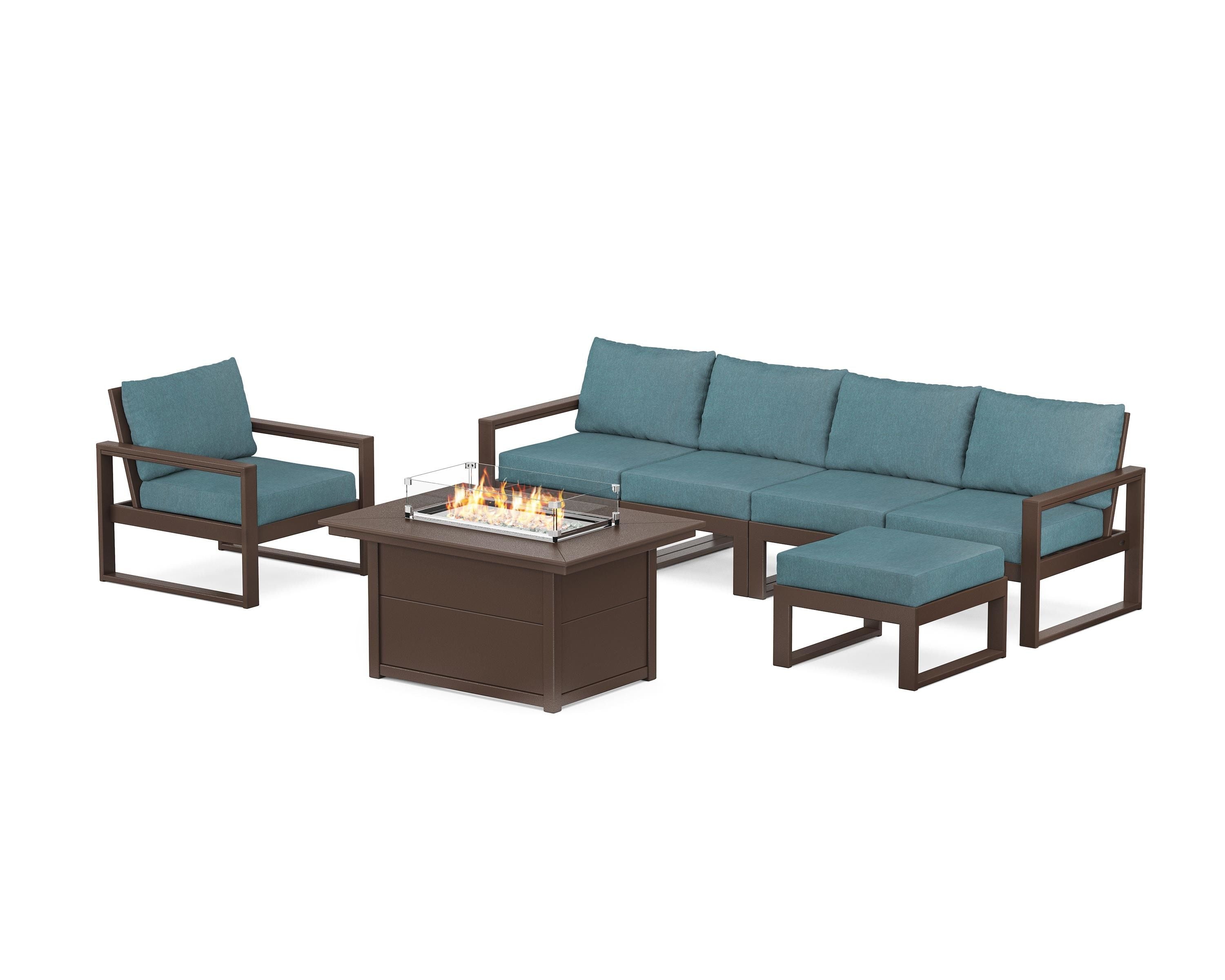POLYWOOD® EDGE Sectional Lounge and Fire Pit Set in Mahogany / Ocean Teal
